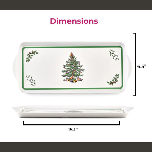 Spode Christmas Tree Sandwich Tray, 15" x 6.5", Decorative Serving Platter for Appetizers, Festive Melamine Dish