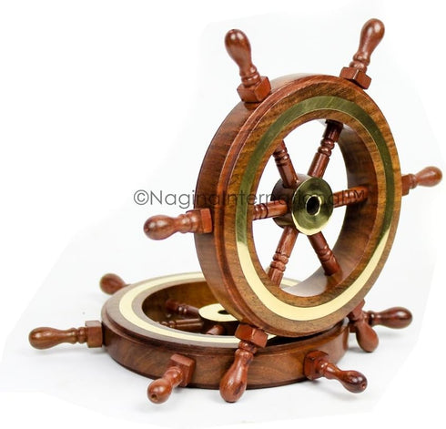 Nagina International 4" Small Rosewood Crafted Brass Ring Ship Wheel, Nautical Decor Steering Wheel