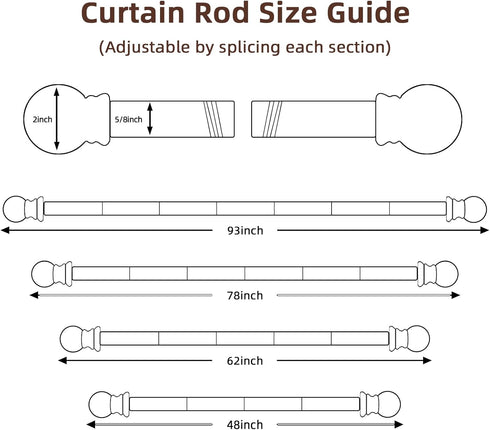 Brown Curtain Rods for Window 32 to 78, 5/8 inch Splicing Single Window Curtain Rod Set with Brackets
