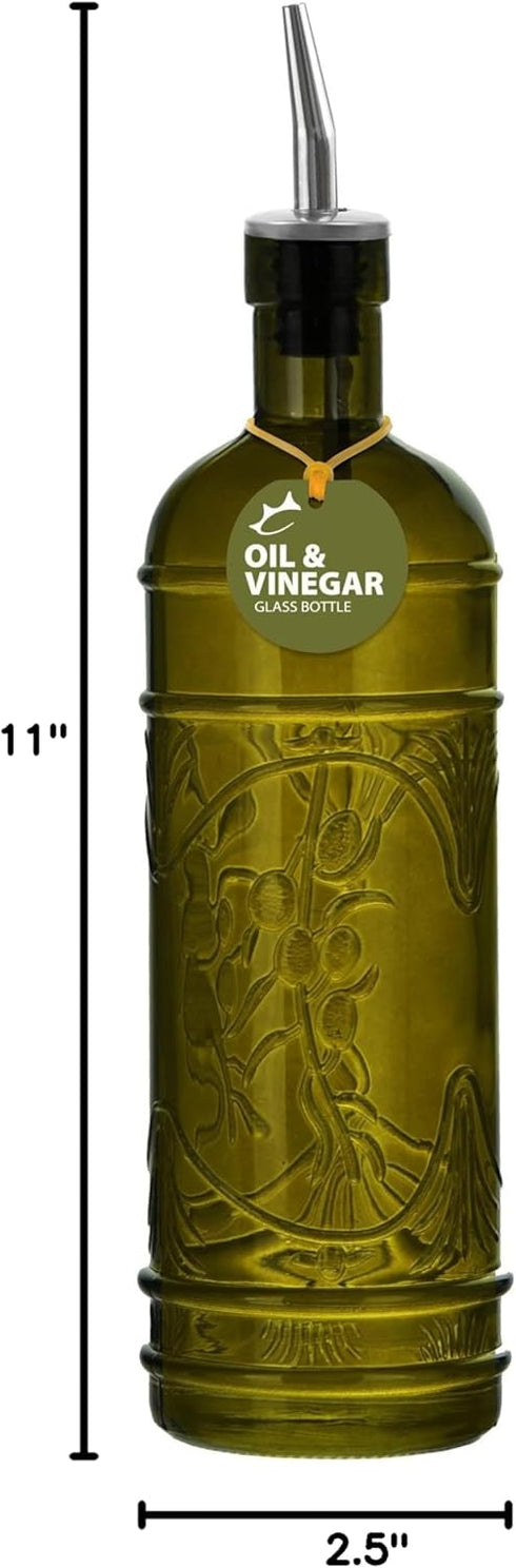 Couronne Company Olive Branch Recycled Glass Oil or Vinegar Bottle, 11 Inch Tall, 16.1 Ounce, Vintage Green