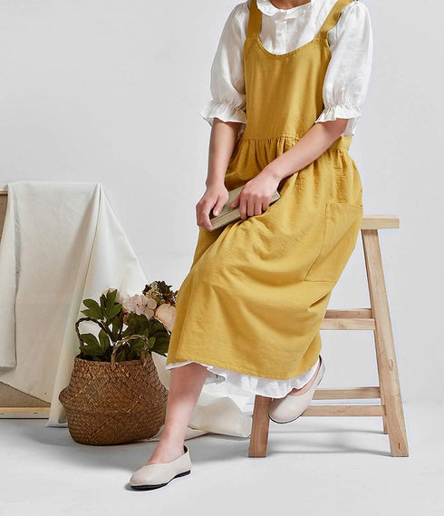 NEWGEM Cotton Linen Cross Back Apron for Women with Pockets for Cooking Cleaning Yellow without Waist Ties