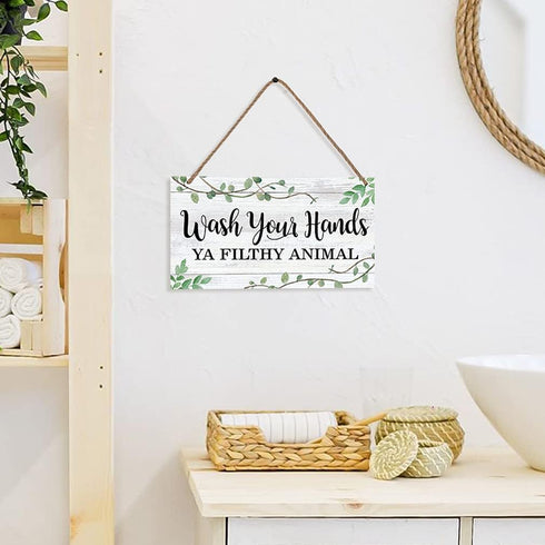 LHIUEM Wash Your Hands Ya Filthy Animal Sign, Funny Bathroom Wooden Hanging Wall Art, Green Plant Wood Plaques for Home
