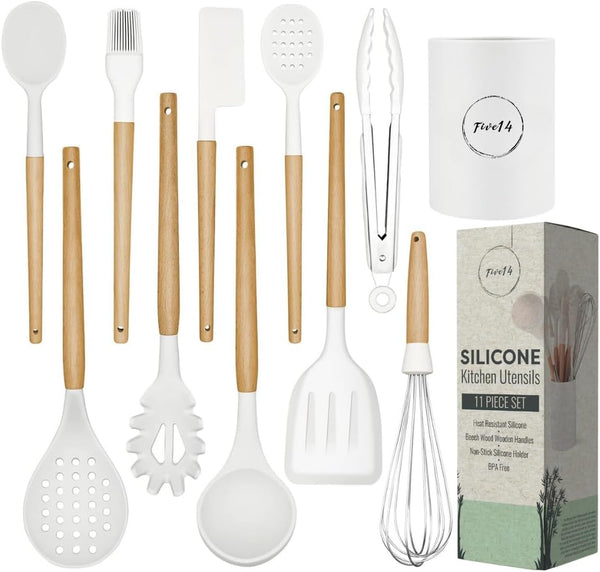 Silicone Kitchen Utensils Set with Holder, 11 Pcs Heat Resistant Wooden Cooking Gadgets for Baking, Home Kitchen