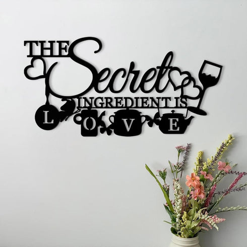The Secret Ingredient is Love Metal Wall Art Sign, Farmhouse Dining Room Kitchen Wall Decor Housewarming Gift Counter Pantry Sign. (Black -16 x 8 inch)