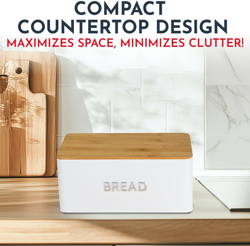 Countertop Culinary Couture White Bread Box for Kitchen with Bamboo Lid - Large BreadBox for Homemade Bread - Storage