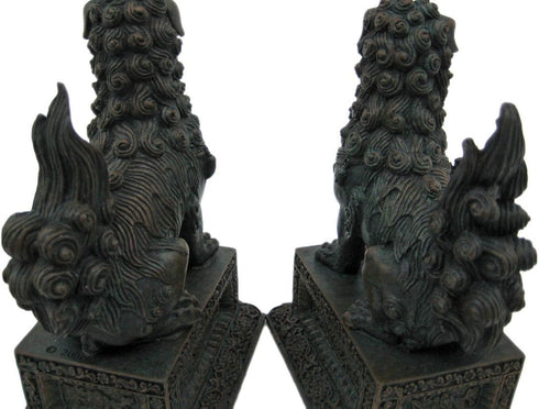 YTC Summit International, Inc. Pair of Chinese Lions Stone Guardian Figurines Set of 2 on Engraved Base