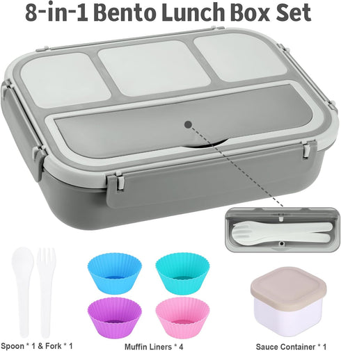 Bento Box Adult Lunch Box, 4 Compartments Lunchable Food Container with Utensils, Sauce Jar, Muffin Liners, Gray.