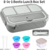 Bento Box Adult Lunch Box, 4 Compartments Lunchable Food Container with Utensils, Sauce Jar, Muffin Liners, Gray.