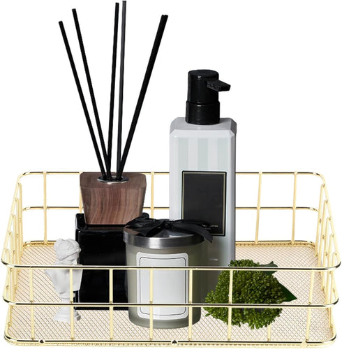 Wire Mesh Basket, Golden Desktop Metal Storage Tray for Home Cosmetic Stationery (9.6 x 6.5 x 2.6in)