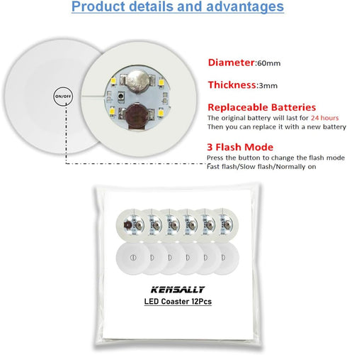 Kensally 12Pcs LED Coaster, LED Sticker Lights, LED Bottle Lights Cup Holder Lights for Wine Liquor Bottle, Bottle