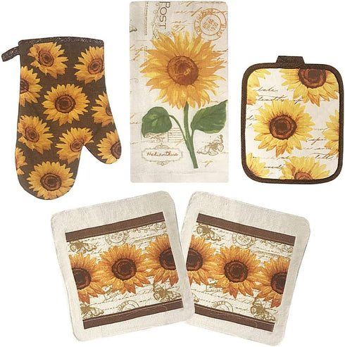 American Linen Sunflower Decor Set, Oven Mitts and Pot Holders - Kitchen Towels and Dish Cloths Sets