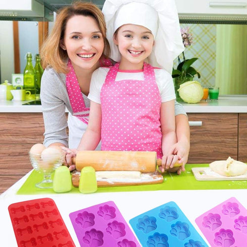 4 Pcs Silicone Candy Chocolate Molds, FineGood Puppy Dog Paw & Bone Shaped Ice Cube Trays, Red, Blue, Purple, Pink