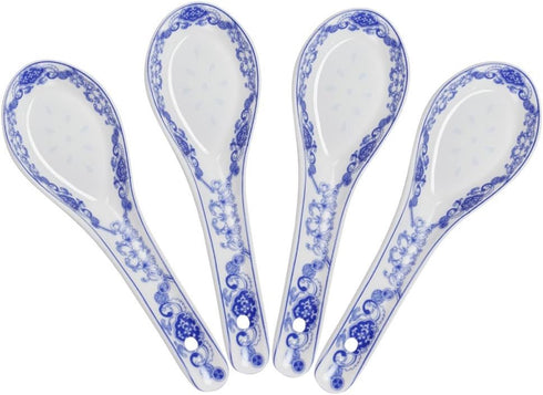 Set of 4 Porcelain Chinese Knot Blue Floral Soup Spoons, 5-Inch