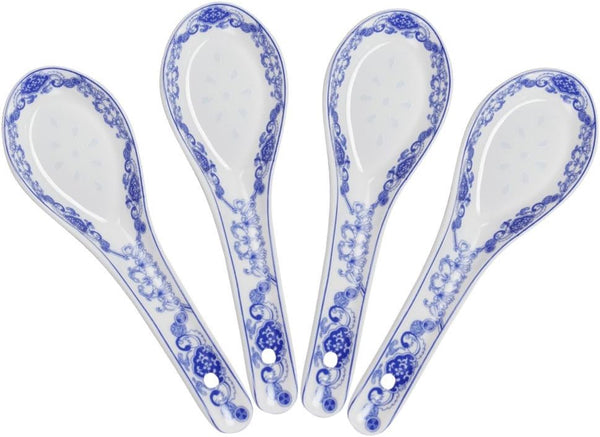 Set of 4 Porcelain Chinese Knot Blue Floral Soup Spoons, 5-Inch