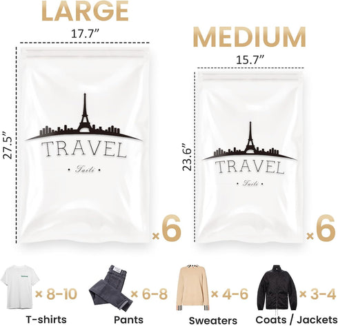 TAILI Travel Compression Bags 12 Pack, Clear Roll Up Space Saver Bags (6 Large, 6 Medium), Reusable Packing Bags for