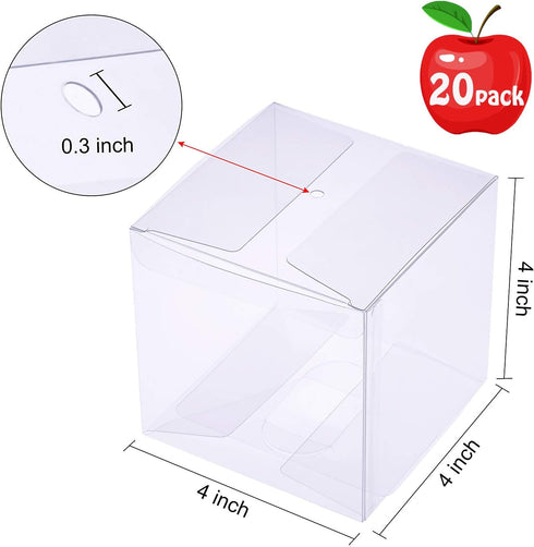 Clear Candy Apple Boxes with Hole, 4"x 4"x 4", Set of 20 Food-Grade Treat Boxes for Caramel Apples