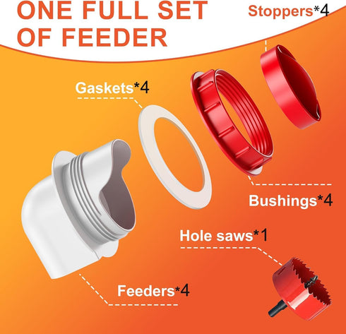4 1 ZenxyHoC Chicken Feeders No Waste, DIY Automatic Poultry Feeder Ports Hole Saw with Covers Gravity Feed Kit
