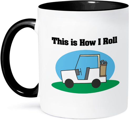 3dRose Two Tone Mug, This Is How I Roll Cart Golfing Design, 11 oz, Black/White