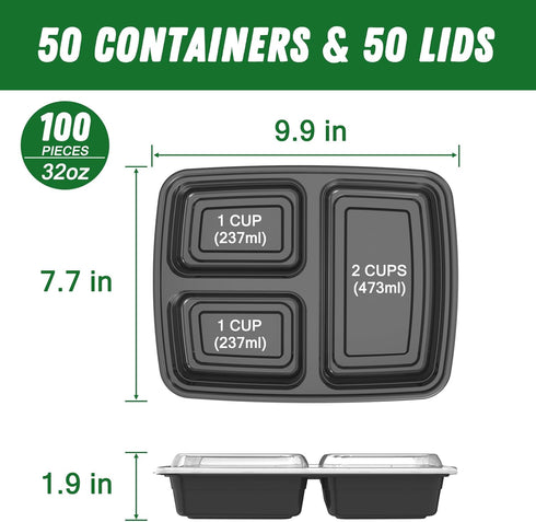 50 Pack (100-Piece) 32 oz 3-Compartment, Meal Prep Containers Reusable with Lids To Go Take Out Plastic Food Storage