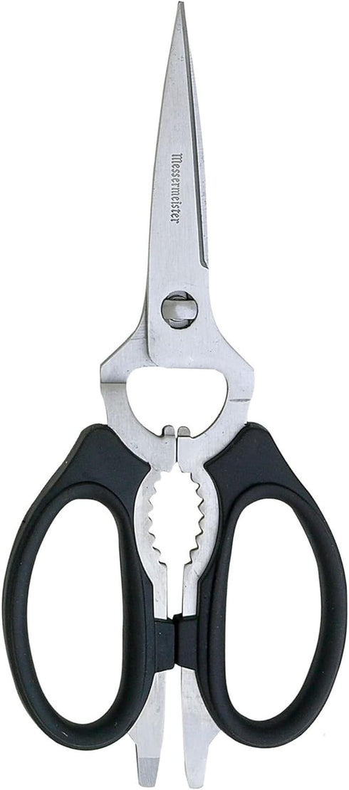Messermeister 8-Inch Take-Apart Kitchen Scissors, Black, Includes Screwdriver, Nut Cracker, Jar Lid Opener