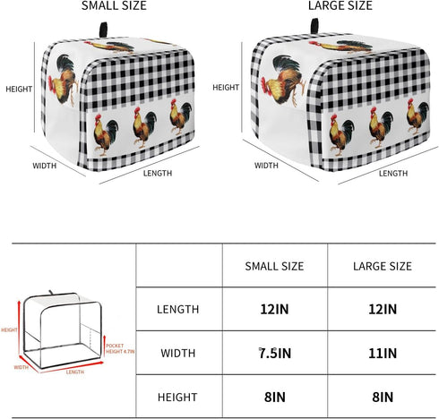Toaster Dust Cover with Pockets, Black White Buffalo Plaid Rooster Summer Farm Style, Washable 2 Slice Cover