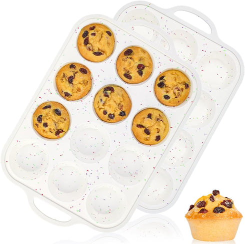 CAKETIME 2 Pack Silicone Muffin Pan, 12 Cups Nonstick with Metal Reinforced Frame and Handle for Baking