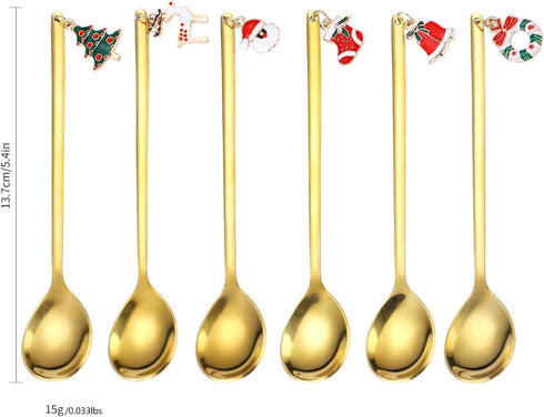 Coffee Spoons Gold Silverware Christmas 6 Pieces Small Stainless Steel Flatware Xmas Decorative Pendants Cute Drinking Stirrers for Festive and Daily Kitchen Utensils