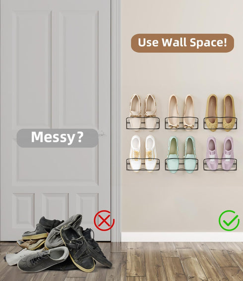 6PCS, Wall Mounted Shoe Rack with Sticky Hanging Strips, Metal Wall Shoe Storage, Hanging Shoe Organizer