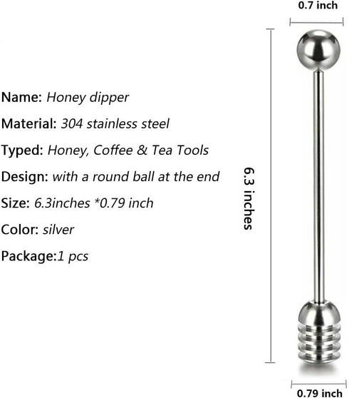 Honey and Syrup Dipper Stick Server, 304 Stainless Steel Wand for Honey Pot, 6.3 Inch