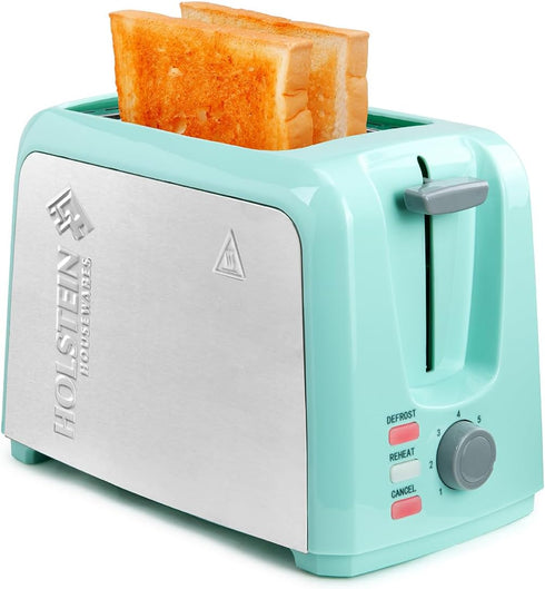 Holstein Housewares 2-Slice Toaster, Mint/Stainless Steel with 7 Browning Control Settings, Great for Toasting