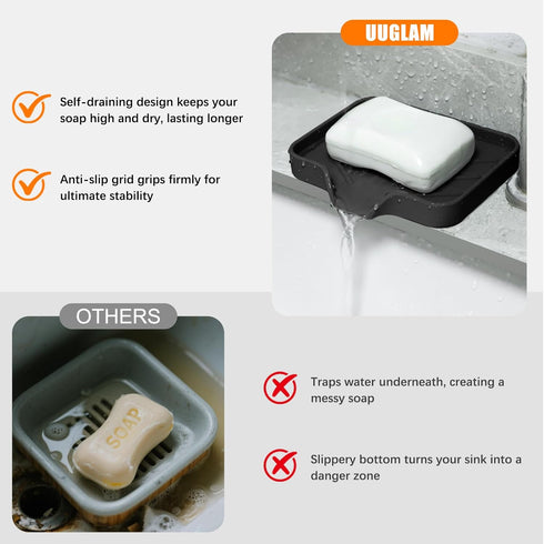 2 Pack Counter Silicone Soap Dish, Self Draining Soap Dish, Non Slip Bar Soap and Sponge Holder for Bathroom Kitchen