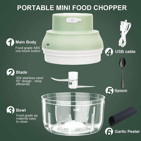 Electric Garlic Chopper Mini, Garlic Masher Crusher, Food Processor Small with Peeler and Spoon (100ML/3.3FL OZ, Green)