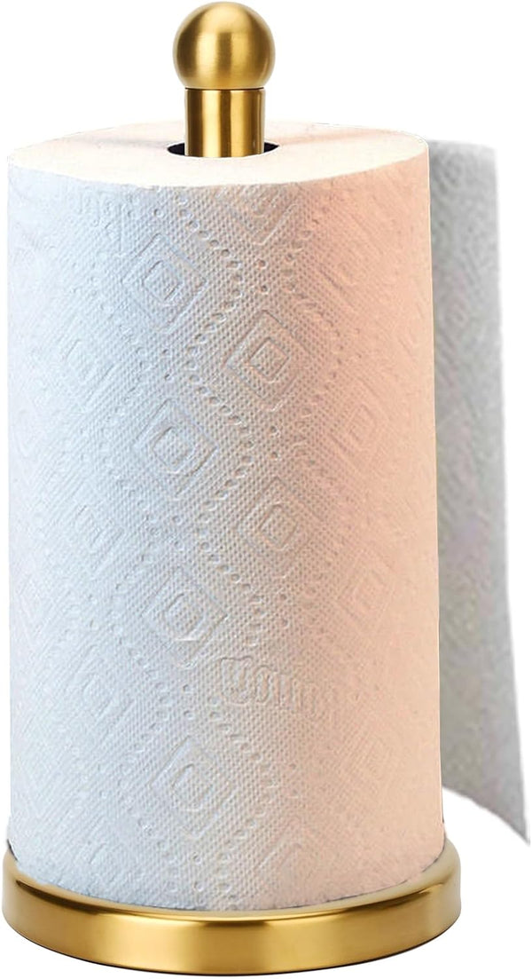 Paper Towel Holder Stand with Sturdy Base - Fits Standard and Jumbo Sized Paper Towels, Countertop, Gold