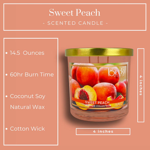 Sweet Peach Scented 3-wick Candle in Glass Jar | Candles for Home | 14.5oz Rustic Home Decor Novelty Candle | 60 Hour Burn Time Candle