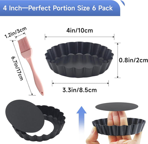 6 Pack Mini Fluted Tart Pans 4 Inch with Removable Bottom, Nonstick Quiche Pan with Silicone Basting Pastry Brushfor Baking Treats, Pie, Quiches, Tartlets by Urxirha