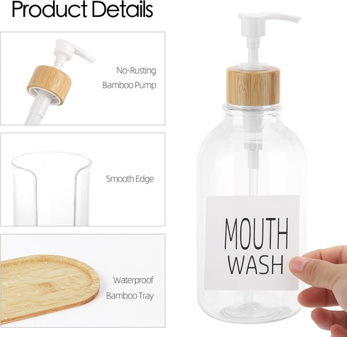 17oz Mouthwash Dispenser with Cup Holder, Plastic Mouth Wash Pump Bottle with Tray for Bathroom Organizers, Refillable