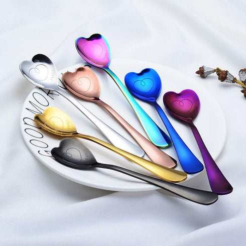 7 PCS Heart Shaped Stainless Steel Spoons, Coffee, Dessert, Ice Cream, Tea Spoons, Cute Holiday Gift (Multicolor)