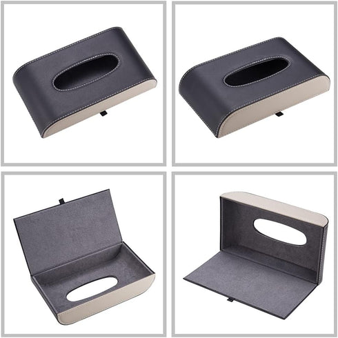 ATMOMO AuMoHall Black with Beige Tissue Box Cover PU Leather Rectangular Tissue Holder for Home Car Office Decor (NO