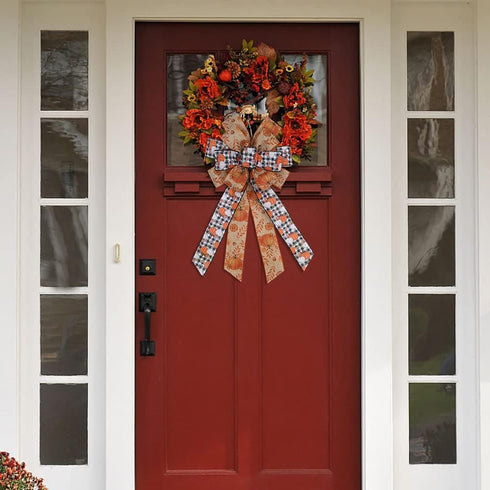 Large Fall Pumpkin Bow for Wreath, White Black Buffalo Plaid for Indoor Outdoor Decoration