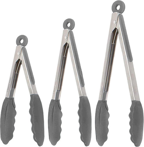 Kitchen Tongs Set of 3 for Cooking, 7-Inch, 9-Inch, 12-Inch Locking Silicone Tips, Grey