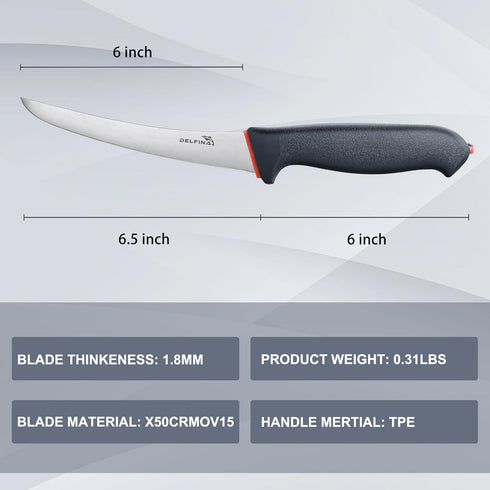 DELFINA 6 Inch Boning Knife for Meat Cutting, Semi-flexible Curved Blade, Premium Stainless for Kitchen