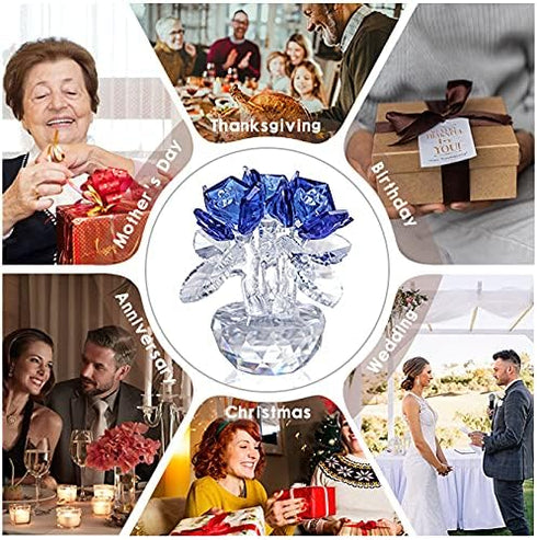 H&D HYALINE & DORA Blue Crystal Rose Flowers Figurines Ornament with Gift Box