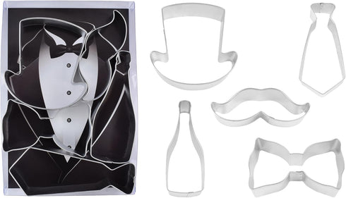 R&M International Handsome Gents Cookie Cutters, Bow Tie, Top Hat, Moustache, Champagne Bottle, Neck Tie, 5-Piece Set,