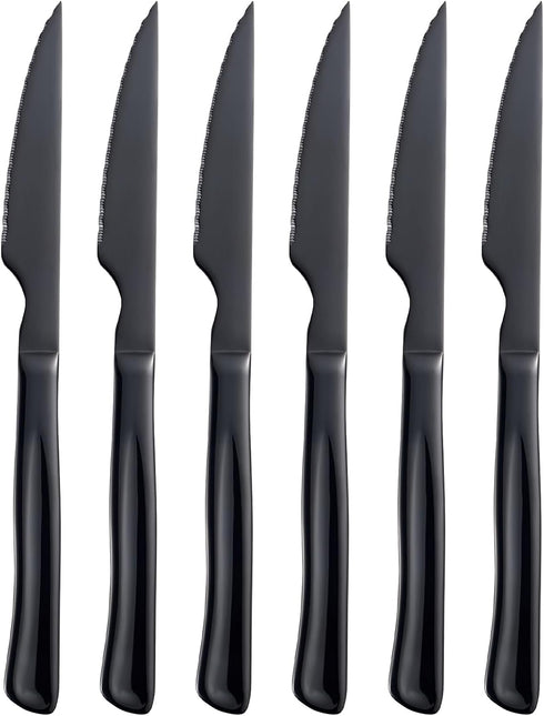 Black Steak Knife Set - 6 Piece Stainless Steel Kitchen Utility Knives, 8.7 Inch Serrated