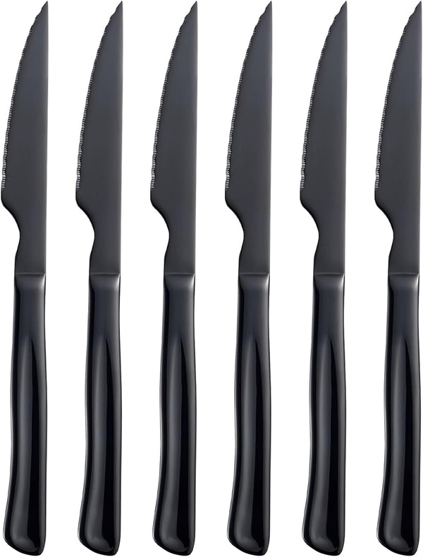 Black Steak Knife Set - 6 Piece Stainless Steel Kitchen Utility Knives, 8.7 Inch Serrated