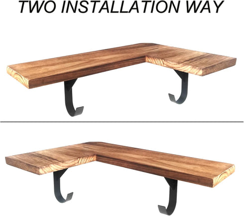 16 Inch Set 2 HAO Floating Corner Wall Shelves Rustic Wood Mounted Shelving L Shape Shelf with Cable Wire Hole Pattern