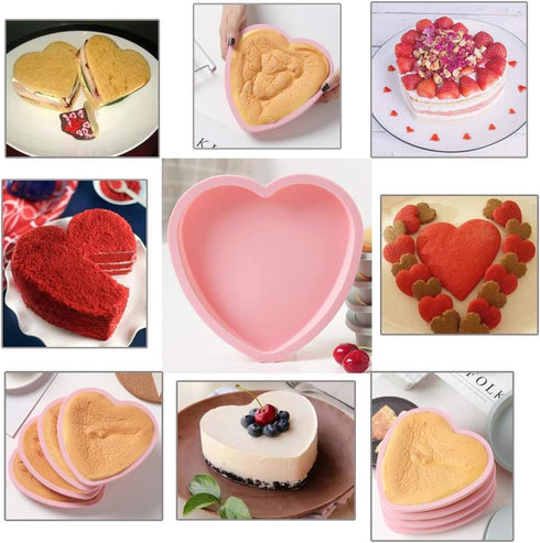 6 Inch Silicone Heart Shaped Cake Baking Pans, Non-Stick Layer Pan Set with 4 Flexible Molds & Measuring Cups