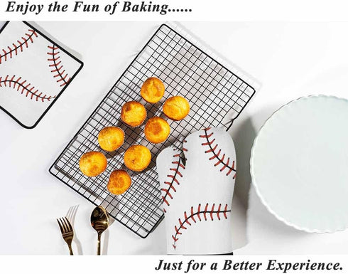 Baseball Stitches Oven Mitts and Pot Holders Set, Softball Laces Design Heat Resistant 3pcs for Baking