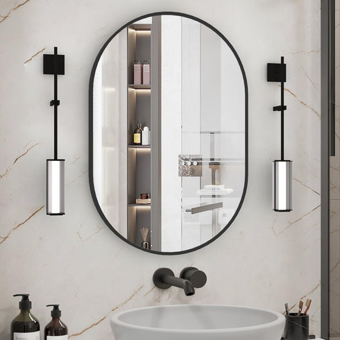 Oval Bathroom Mirror 20"x30" - Black Wall Vanity Mirrors for Over Sink, Modern Capsule Design with Metal Frame