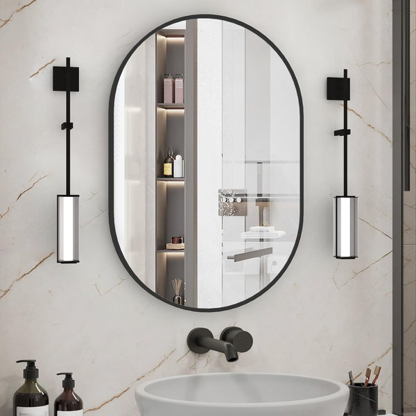 Oval Bathroom Mirror 20"x30" - Black Wall Vanity Mirrors for Over Sink, Modern Capsule Design with Metal Frame